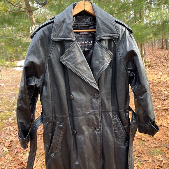 90s Wilsons Leather Maxi Trench Coat Black Men’s Size S - Picture 11 of 16